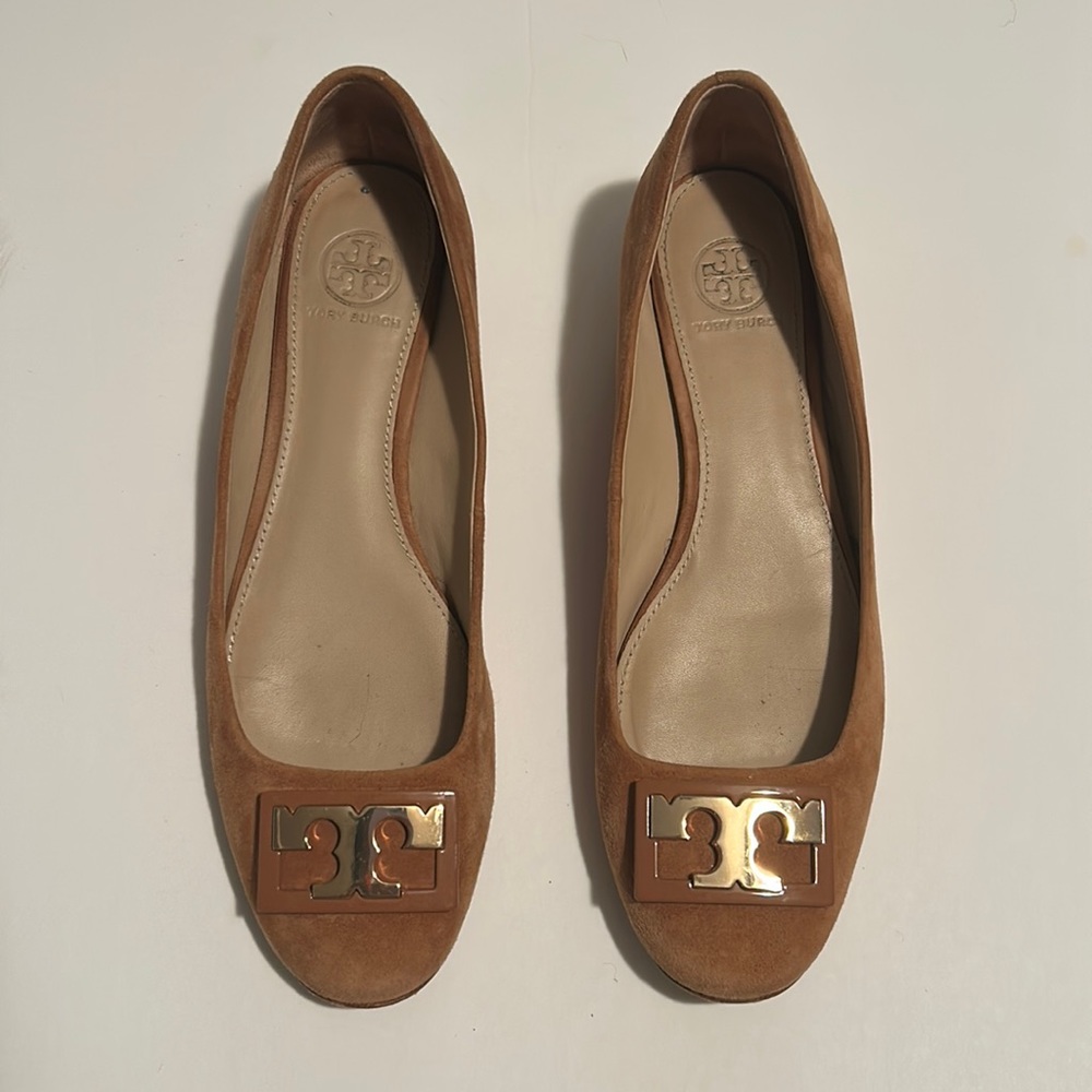 Tory Burch Tan Suede Logo Ballet Flats with Gold Hardware